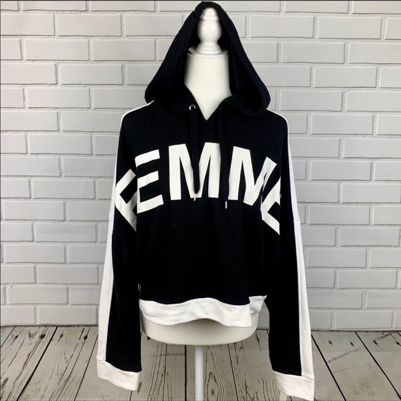 🔥BAR III🔥FEMME Graphic Print Cropped Hooded Sweatshirt Black/White Small NWT - Picture 5 of 7